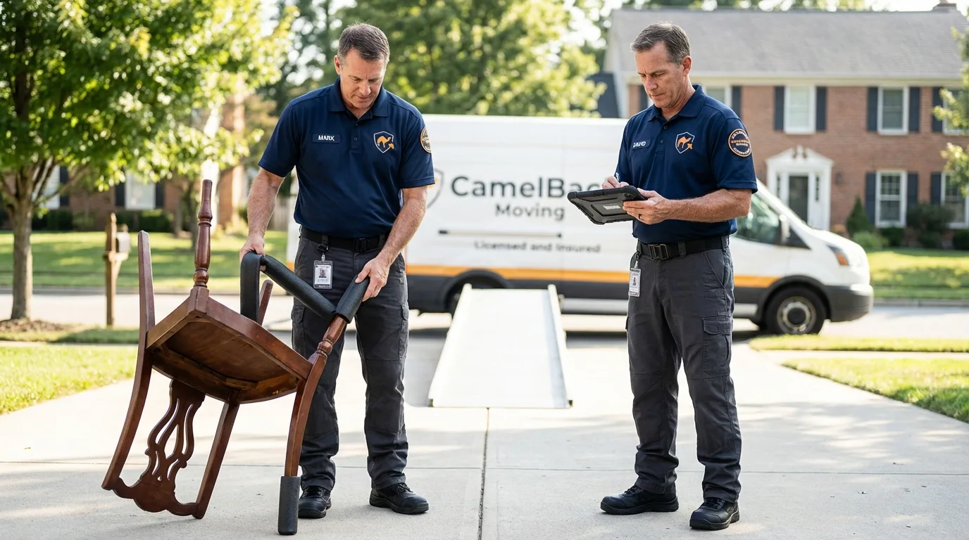 Movers inspecting furniture for damage prevention before loading in Warner Robins, GA